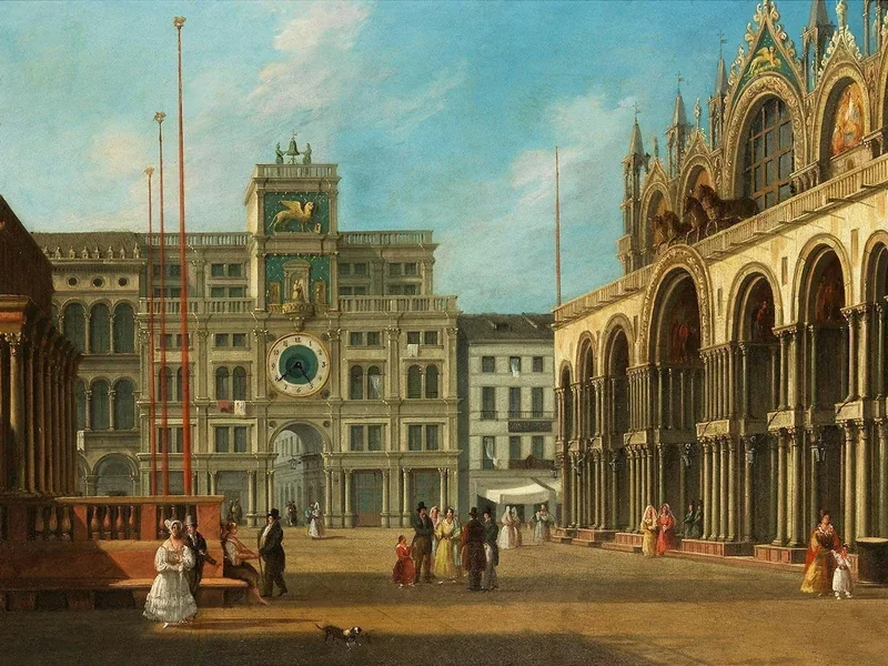 1813-Giacomo Caneva - Piazza San Marco a Venezia con Basilica e Torre dell'Orologio